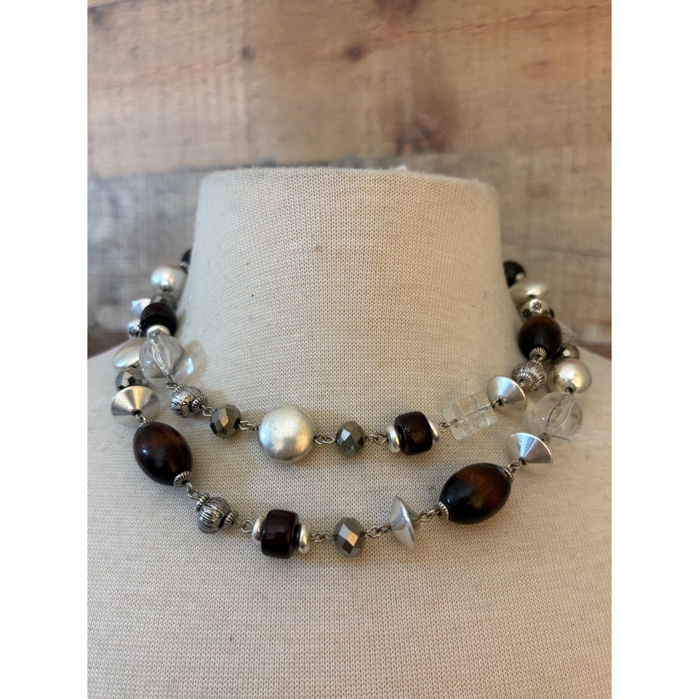 Multi Strand Wood and Silver Tone Beaded Statement Necklace Brown Silver